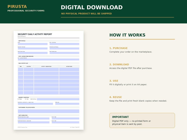 May include: A digital download of a Security Daily Activity Report form. The document features a white background with light blue fillable fields, organized into sections for shift details, activity logs, incident exceptions, and shift completion signatures.