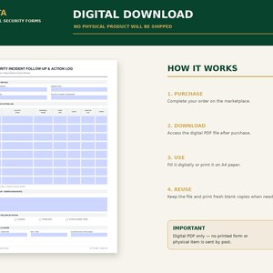 以下が含まれることがあります： セキュリティインシデントのフォローアップおよびアクションログ用のデジタルダウンロードテンプレート。フォームには、インシデントの詳細、フォローアップアクションテーブル、確認メモ、ステータスチェックボックスのセクションが含まれています。テキストには「How It Works」および「Important」と記載されています。