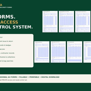 Puede incluir: Un conjunto de siete formularios de seguridad profesionales en formato A4 para sistemas de control de acceso, que incluyen control de llaves, seguimiento de equipos y registros de visitantes. Plantillas digitales rellenables e imprimibles.