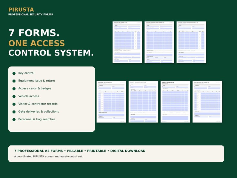 Puede incluir: Un conjunto de siete formularios de seguridad profesionales en formato A4 para sistemas de control de acceso, que incluyen control de llaves, seguimiento de equipos y registros de visitantes. Plantillas digitales rellenables e imprimibles.
