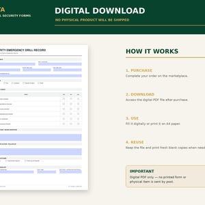 Peut inclure: Un t&eacute;l&eacute;chargement num&eacute;rique d'un formulaire de registre d'exercices de s&eacute;curit&eacute;. Le document comprend des sections pour les d&eacute;tails de l'exercice, les v&eacute;rifications, les observations, les actions correctives et les signatures.