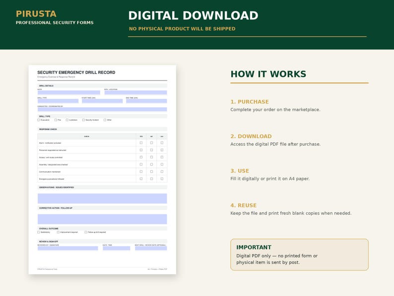 Peut inclure: Un t&eacute;l&eacute;chargement num&eacute;rique d'un formulaire de registre d'exercices de s&eacute;curit&eacute;. Le document comprend des sections pour les d&eacute;tails de l'exercice, les v&eacute;rifications, les observations, les actions correctives et les signatures.