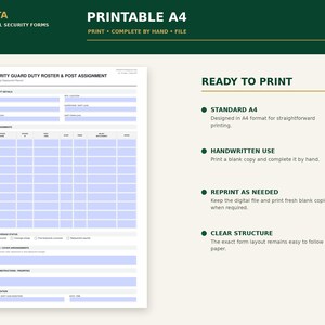 Puede incluir: Un formulario imprimible A4 de lista de servicio y asignaci&oacute;n de puestos para guardias de seguridad. El documento incluye secciones para detalles de turno, asignaciones, estado de cobertura, arreglos de relevo e instrucciones especiales.
