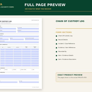 May include: A white digital Chain of Custody Log form with light blue fillable fields. The document includes sections for record details, evidence details, a transfer log table, final status disposition checkboxes, and final notes verification.