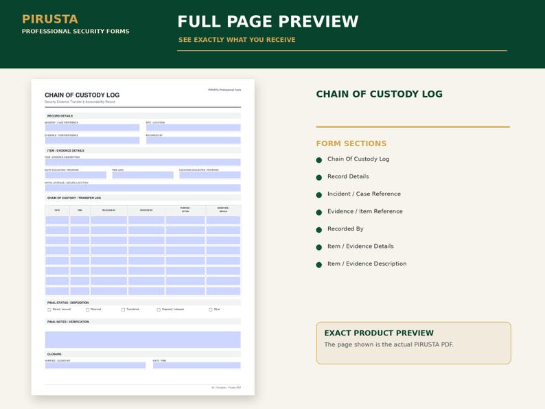 May include: A white digital Chain of Custody Log form with light blue fillable fields. The document includes sections for record details, evidence details, a transfer log table, final status disposition checkboxes, and final notes verification.