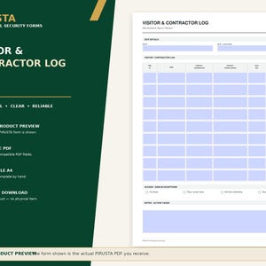May include: A digital visitor and contractor log form by PIRUSTA featuring a white document with a grid layout for tracking site details, names, organisations, and access times. The form includes sections for sign-in exceptions and notes.