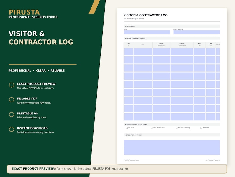 May include: A digital visitor and contractor log form by PIRUSTA featuring a white document with a grid layout for tracking site details, names, organisations, and access times. The form includes sections for sign-in exceptions and notes.