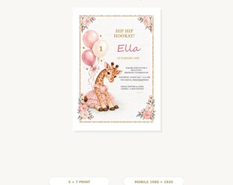 Uitnodiging voor een eerste verjaardag met giraffenmotief, bewerkbare Canva-sjabloon, roze bloemenfeest, 5x7 inch, print- en mobielvriendelijk.