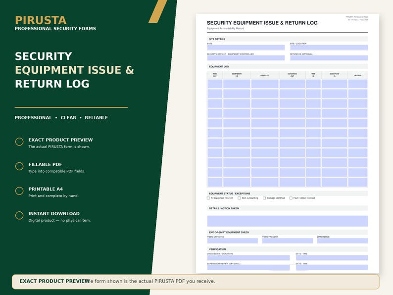 Puede incluir: Un formulario blanco de registro de emisi&oacute;n y devoluci&oacute;n de equipo de seguridad con una barra lateral verde oscuro que presenta el texto PIRUSTA PROFESSIONAL SECURITY FORMS. El documento incluye campos para detalles del sitio, registros.