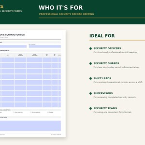 May include: A white visitor and contractor log form with light blue grid lines and fields for date, time, name, company, and purpose. The document features headers for site details and access sign-in exceptions, with a section for notes and action taken.