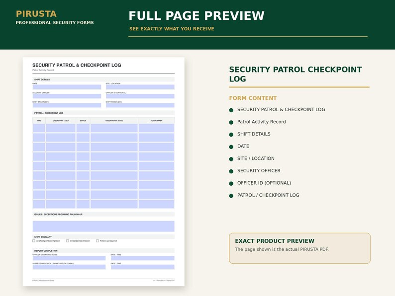 May include: A white security patrol and checkpoint log form with light blue fillable fields. The document includes sections for shift details, patrol activity records, checkpoint logs, issues requiring follow-up, shift summary, and report completion.