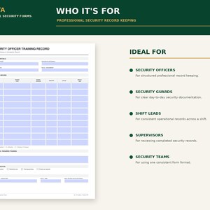 May include: A white security officer training record form with light blue fillable fields, featuring sections for officer details, training records, and status updates. The document includes text headers like PIRUSTA, WHO IT'S FOR, and IDEAL FOR.