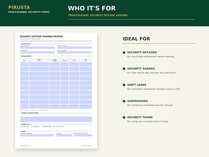 May include: A white security officer training record form with light blue fillable fields, featuring sections for officer details, training records, and status updates. The document includes text headers like PIRUSTA, WHO IT'S FOR, and IDEAL FOR.
