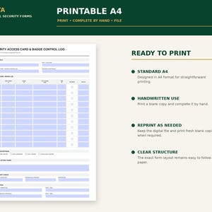Peut inclure: Un formulaire imprimable A4 de journal de contr&ocirc;le des badges et cartes d'acc&egrave;s avec une grille pour le suivi. Le document comprend des sections pour les d&eacute;tails du site, les journaux d'acc&egrave;s, les exceptions, les actions et les signatures.