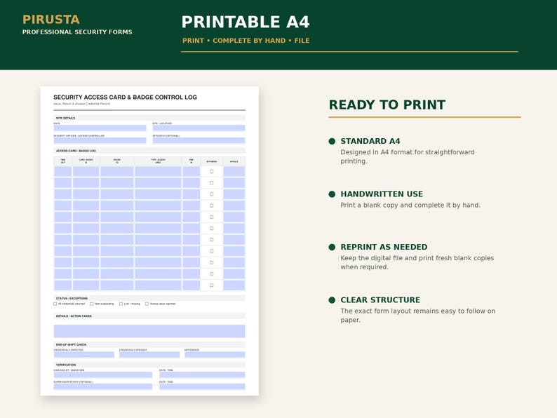 Peut inclure: Un formulaire imprimable A4 de journal de contr&ocirc;le des badges et cartes d'acc&egrave;s avec une grille pour le suivi. Le document comprend des sections pour les d&eacute;tails du site, les journaux d'acc&egrave;s, les exceptions, les actions et les signatures.