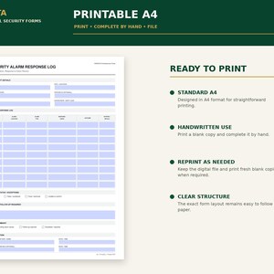 Peut inclure: Un formulaire imprimable A4 de journal de r&eacute;ponse aux alarmes de s&eacute;curit&eacute; avec un fond blanc et des champs &agrave; remplir bleu clair. Le document comprend des sections pour les d&eacute;tails du quart de travail, un tableau de journal, les exceptions et la v&eacute;rification.