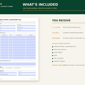 May include: A digital security patrol and checkpoint log form on an A4 PDF. The document features sections for shift details, site location, security officer, and a grid for patrol activity. It includes fields for issues, shift summary, and report completion.