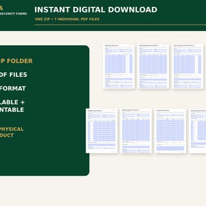 Puede incluir: Un conjunto de descarga digital que contiene siete formularios de seguridad en PDF tama&ntilde;o A4, rellenables e imprimibles. El gr&aacute;fico verde oscuro incluye el texto PIRUSTA PROFESSIONAL SECURITY FORMS, INSTANT DIGITAL DOWNLOAD, ONE ZIP, 7 INDIVIDUAL PDF FILES, A4 FORMAT, FILLABLE + PRINTABLE y NO PHYSICAL PRODUCT.