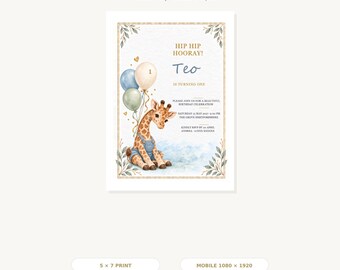 Uitnodiging voor een eerste verjaardag met giraffenthema, bewerkbare Canva-sjabloon, blauw safarifeest, 5x7 inch (printen en mobiel).