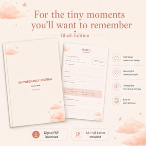 May include: A pregnancy journal with a soft blush watercolour cloud and star design. The cover reads My Pregnancy Journal Week by Week Blush Edition. An open page shows Week 1 with prompts for daily notes, feelings, and a note to the baby.