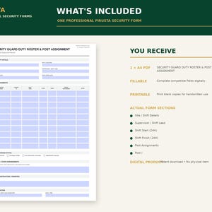 Puede incluir: Un formulario digital de lista de servicio de guardia de seguridad y asignaci&oacute;n de puesto en formato PDF A4. El documento incluye secciones para detalles del sitio y turno, asignaciones de puesto, estado de cobertura y autorizaci&oacute;n.
