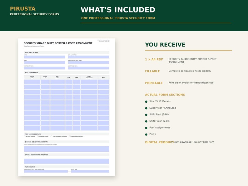 Puede incluir: Un formulario digital de lista de servicio de guardia de seguridad y asignaci&oacute;n de puesto en formato PDF A4. El documento incluye secciones para detalles del sitio y turno, asignaciones de puesto, estado de cobertura y autorizaci&oacute;n.