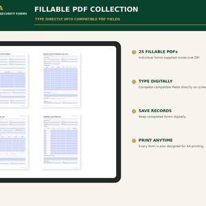 Może przedstawiać: Cyfrowa kolekcja 25 wypełnialnych formularzy bezpieczeństwa PDF od Pirusta. Obraz przedstawia cztery podglądy dokument&oacute;w z jasnoniebieskimi polami do wprowadzania danych oraz tekst opisujący funkcje cyfrowego wypełniania i druku A4.