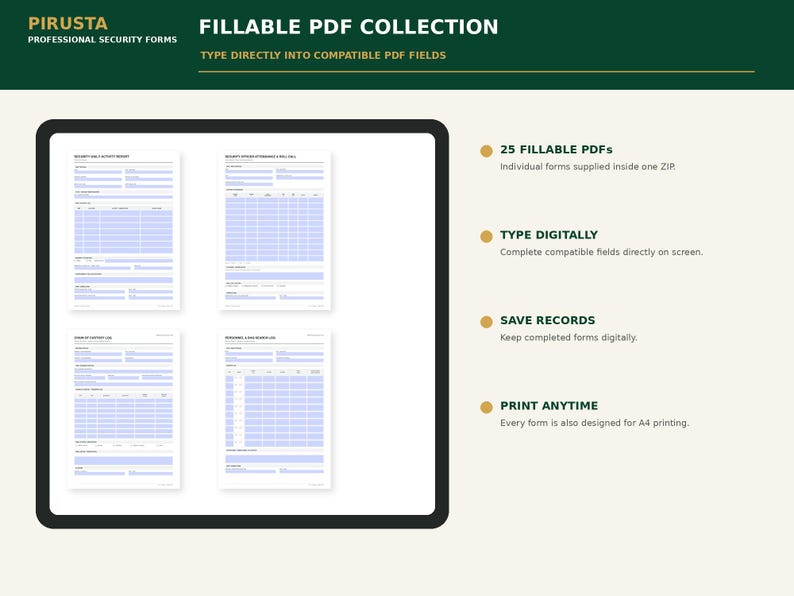 Może przedstawiać: Cyfrowa kolekcja 25 wypełnialnych formularzy bezpieczeństwa PDF od Pirusta. Obraz przedstawia cztery podglądy dokument&oacute;w z jasnoniebieskimi polami do wprowadzania danych oraz tekst opisujący funkcje cyfrowego wypełniania i druku A4.