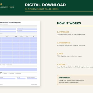 May include: A digital download of a Security Officer Training Record form. The document features sections for officer details, a training record table, upcoming required training, and review status. The layout includes text instructions.