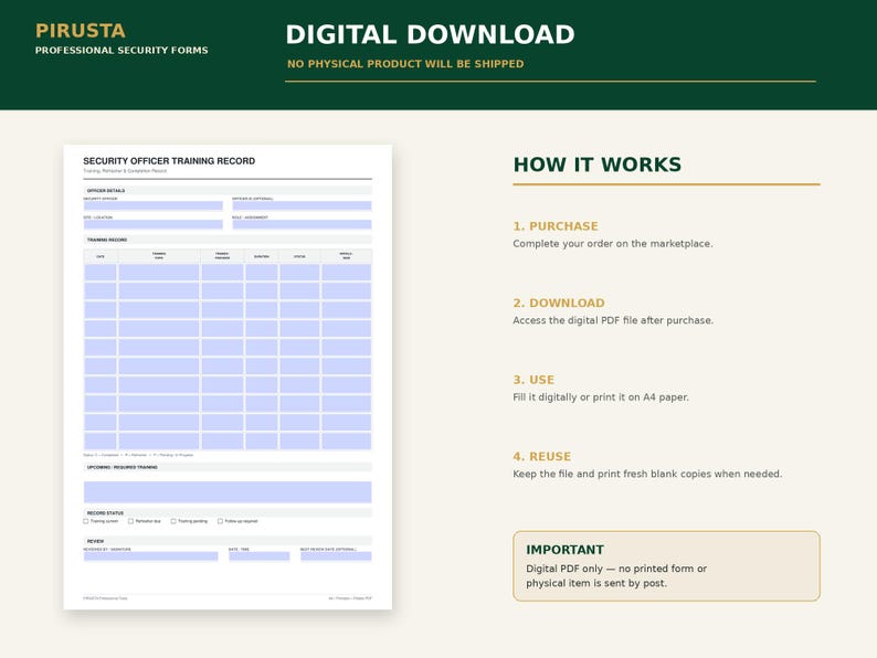 May include: A digital download of a Security Officer Training Record form. The document features sections for officer details, a training record table, upcoming required training, and review status. The layout includes text instructions.