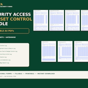Puede incluir: Un paquete digital de 7 formularios PDF A4 rellenables de control de acceso y activos de seguridad de PIRUSTA. El conjunto incluye registros para llaves, equipos, tarjetas de acceso, veh&iacute;culos, visitantes, entregas y registros de personal.