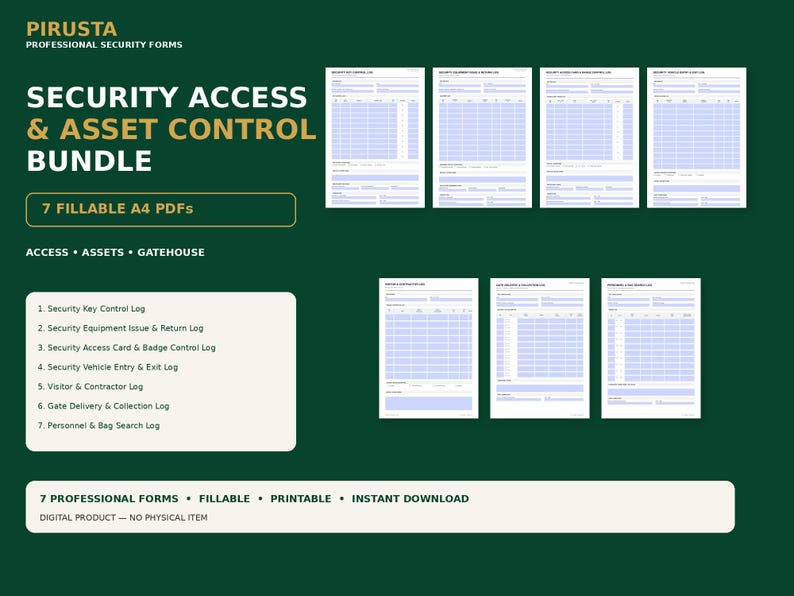 Puede incluir: Un paquete digital de 7 formularios PDF A4 rellenables de control de acceso y activos de seguridad de PIRUSTA. El conjunto incluye registros para llaves, equipos, tarjetas de acceso, veh&iacute;culos, visitantes, entregas y registros de personal.