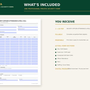 May include: A digital A4 security officer attendance and roll call form with light blue fillable fields. The document includes sections for site shift details, officer attendance, staffing cover notes, roll call status, and verification signature lines.