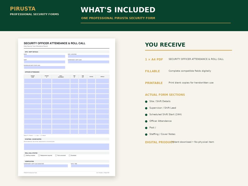 May include: A digital A4 security officer attendance and roll call form with light blue fillable fields. The document includes sections for site shift details, officer attendance, staffing cover notes, roll call status, and verification signature lines.