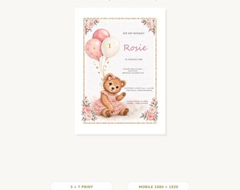 Bewerkbare uitnodiging voor de eerste verjaardag van een meisje met een teddybeer en roze bloemen (Canva-sjabloon)