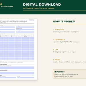 Puede incluir: Una plantilla digital de formulario para el registro de turnos de seguridad y asignaci&oacute;n de puestos. El documento incluye secciones para detalles de turno, asignaciones, estado de cobertura y autorizaci&oacute;n. Texto: PIRUSTA PROFESSIONAL SECURITY FORMS.