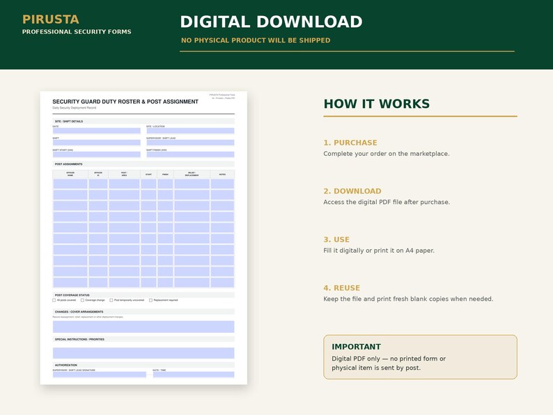 Puede incluir: Una plantilla digital de formulario para el registro de turnos de seguridad y asignaci&oacute;n de puestos. El documento incluye secciones para detalles de turno, asignaciones, estado de cobertura y autorizaci&oacute;n. Texto: PIRUSTA PROFESSIONAL SECURITY FORMS.