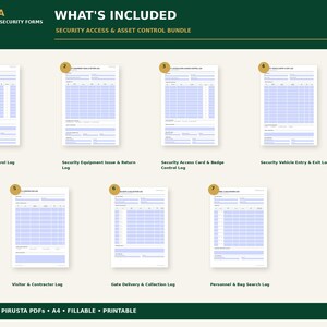 Puede incluir: Un paquete digital de siete formularios de seguridad profesionales etiquetados como PIRUSTA. Incluye registros para llaves, equipos, tarjetas de acceso, veh&iacute;culos, visitantes, entregas y registros de personal. Documentos PDF A4, rellenables e imprimibles.
