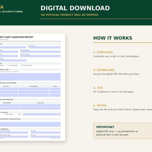 K&ouml;nnte beinhalten: Eine digitale Vorlage f&uuml;r ein Sicherheits-Schicht&uuml;bergabeprotokoll mit Abschnitten f&uuml;r Schichtdetails, Status, wichtige Ereignisse, erforderliche Ma&szlig;nahmen, Schl&uuml;ssel, Ausr&uuml;stungsstatus und Unterschriften sowie Nutzungshinweise.