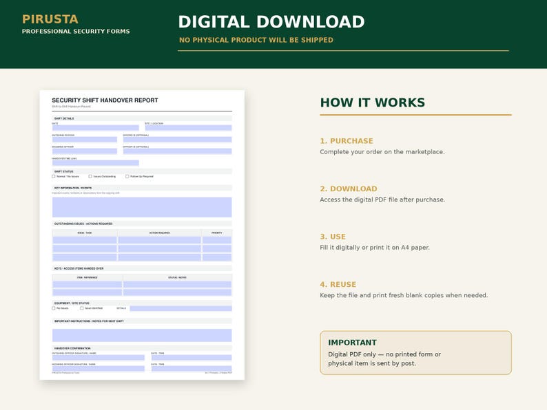 K&ouml;nnte beinhalten: Eine digitale Vorlage f&uuml;r ein Sicherheits-Schicht&uuml;bergabeprotokoll mit Abschnitten f&uuml;r Schichtdetails, Status, wichtige Ereignisse, erforderliche Ma&szlig;nahmen, Schl&uuml;ssel, Ausr&uuml;stungsstatus und Unterschriften sowie Nutzungshinweise.
