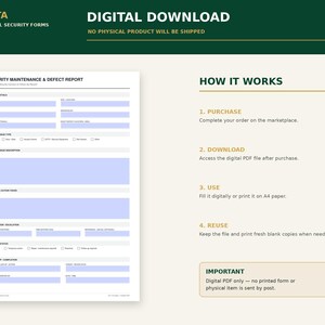 May include: A digital download of a Security Maintenance & Defect Report form. The document features sections for report details, issue type, description, action taken, escalation, status, and completion. Instructions for purchase, download, and use are included.