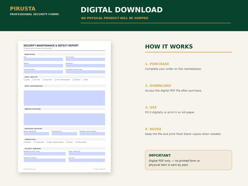 May include: A digital download of a Security Maintenance & Defect Report form. The document features sections for report details, issue type, description, action taken, escalation, status, and completion. Instructions for purchase, download, and use are included.