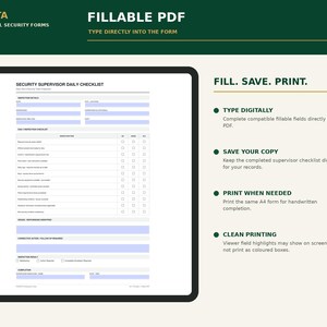 May include: A digital Security Supervisor Daily Checklist fillable PDF form displayed on a screen. The document features sections for inspection details, daily checklists, and corrective actions with light blue input fields and black text.