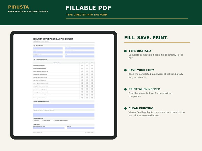 May include: A digital Security Supervisor Daily Checklist fillable PDF form displayed on a screen. The document features sections for inspection details, daily checklists, and corrective actions with light blue input fields and black text.