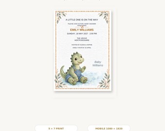 Bewerkbare uitnodiging voor een babyshower, Rory Dinosaurus Canva-sjabloon, printbare 5x7-versie en digitale uitnodiging voor mobiel