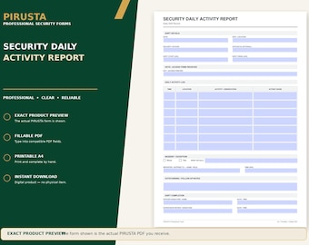 May include: A white Security Daily Activity Report form with black text and light blue fillable fields. The document includes sections for shift details, keys, a daily activity log, incident reports, and follow-up notes, with a professional layout.