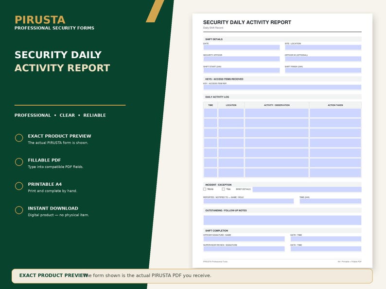 May include: A white Security Daily Activity Report form with black text and light blue fillable fields. The document includes sections for shift details, keys, a daily activity log, incident reports, and follow-up notes, with a professional layout.