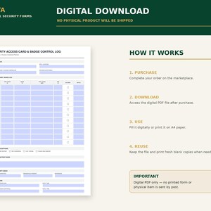 Peut inclure: Un t&eacute;l&eacute;chargement num&eacute;rique d'un formulaire de journal de contr&ocirc;le des cartes d'acc&egrave;s et des badges de s&eacute;curit&eacute;. Le document comprend des champs pour les d&eacute;tails du site, les journaux d'acc&egrave;s, les exceptions et les signatures de v&eacute;rification.
