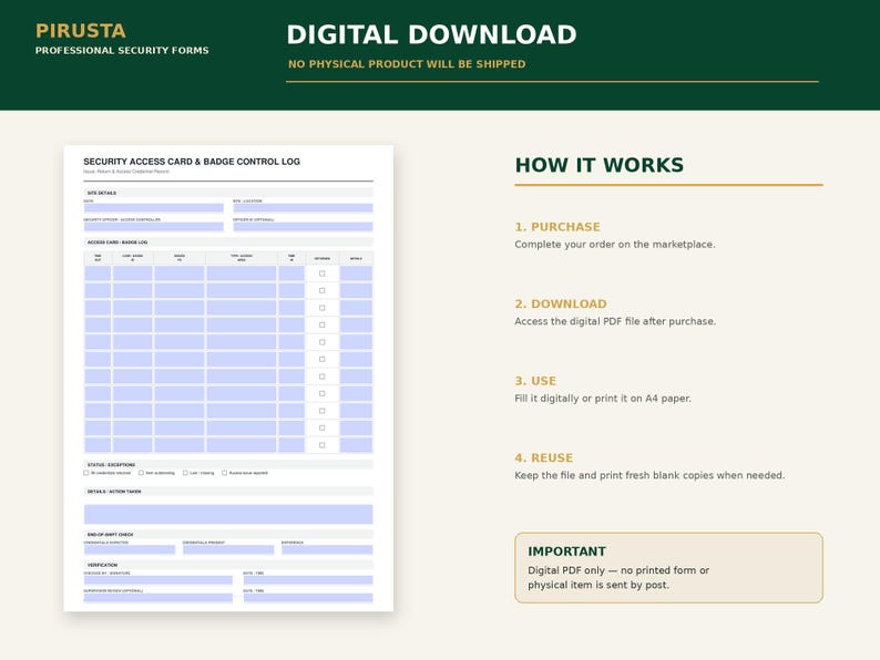 Peut inclure: Un t&eacute;l&eacute;chargement num&eacute;rique d'un formulaire de journal de contr&ocirc;le des cartes d'acc&egrave;s et des badges de s&eacute;curit&eacute;. Le document comprend des champs pour les d&eacute;tails du site, les journaux d'acc&egrave;s, les exceptions et les signatures de v&eacute;rification.