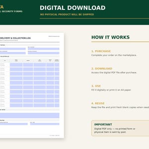 Peut inclure: Un mod&egrave;le de t&eacute;l&eacute;chargement num&eacute;rique pour un journal de livraison et de collecte. Le formulaire comprend des champs pour les d&eacute;tails du site, les informations de quart et un tableau de suivi. La partie droite affiche les instructions.